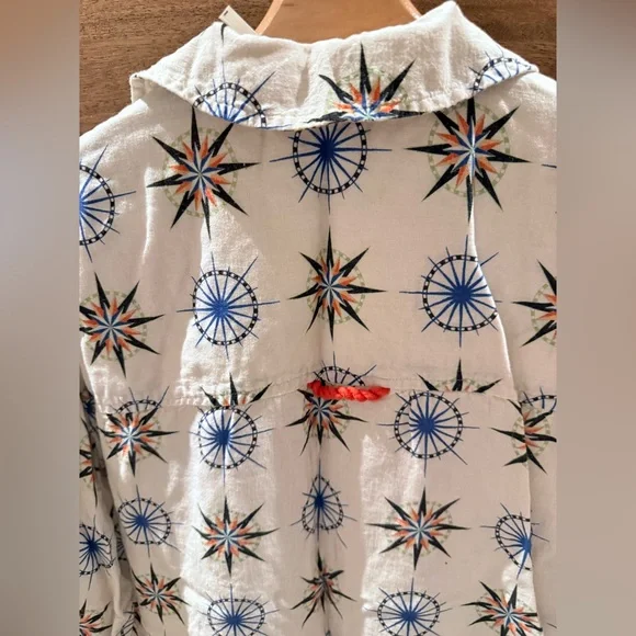 By Anthropologie Printed Short-Sleeve Linen Buttondown Shirt Top Cream compass - Picture 6 of 11